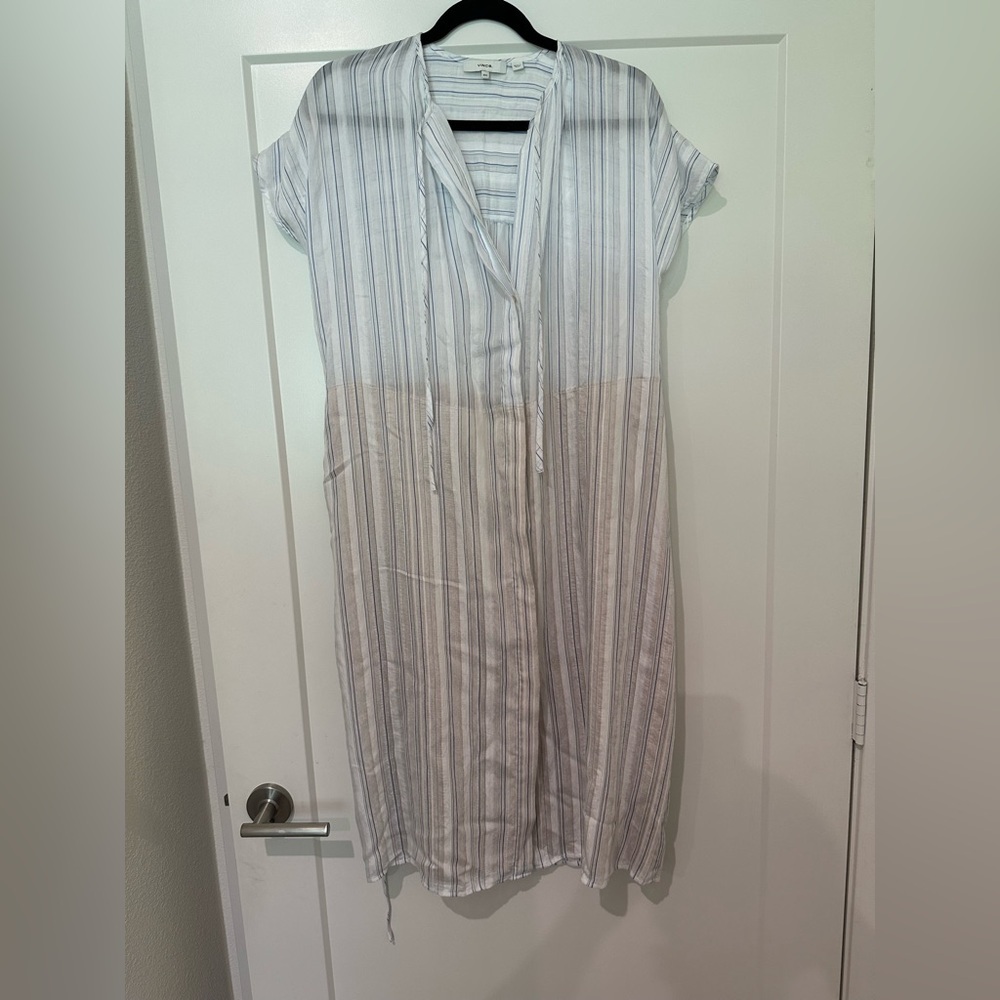 Vince Blue, White, and Tan Striped Button Down Dress